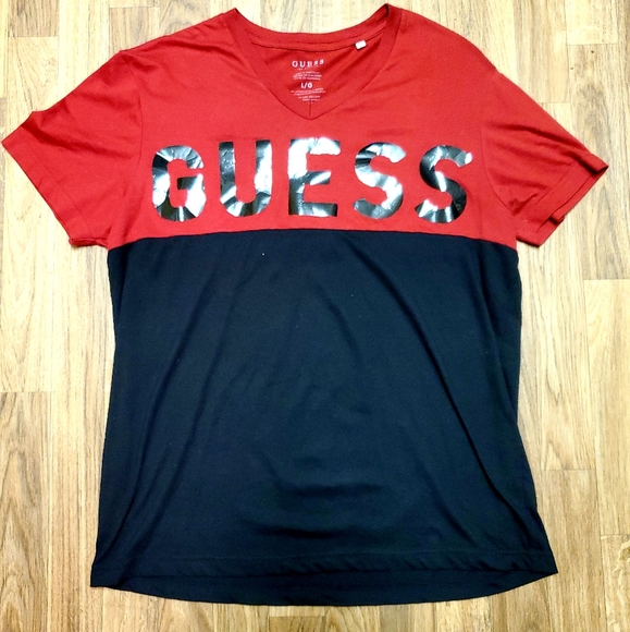 red and blue guess shirt